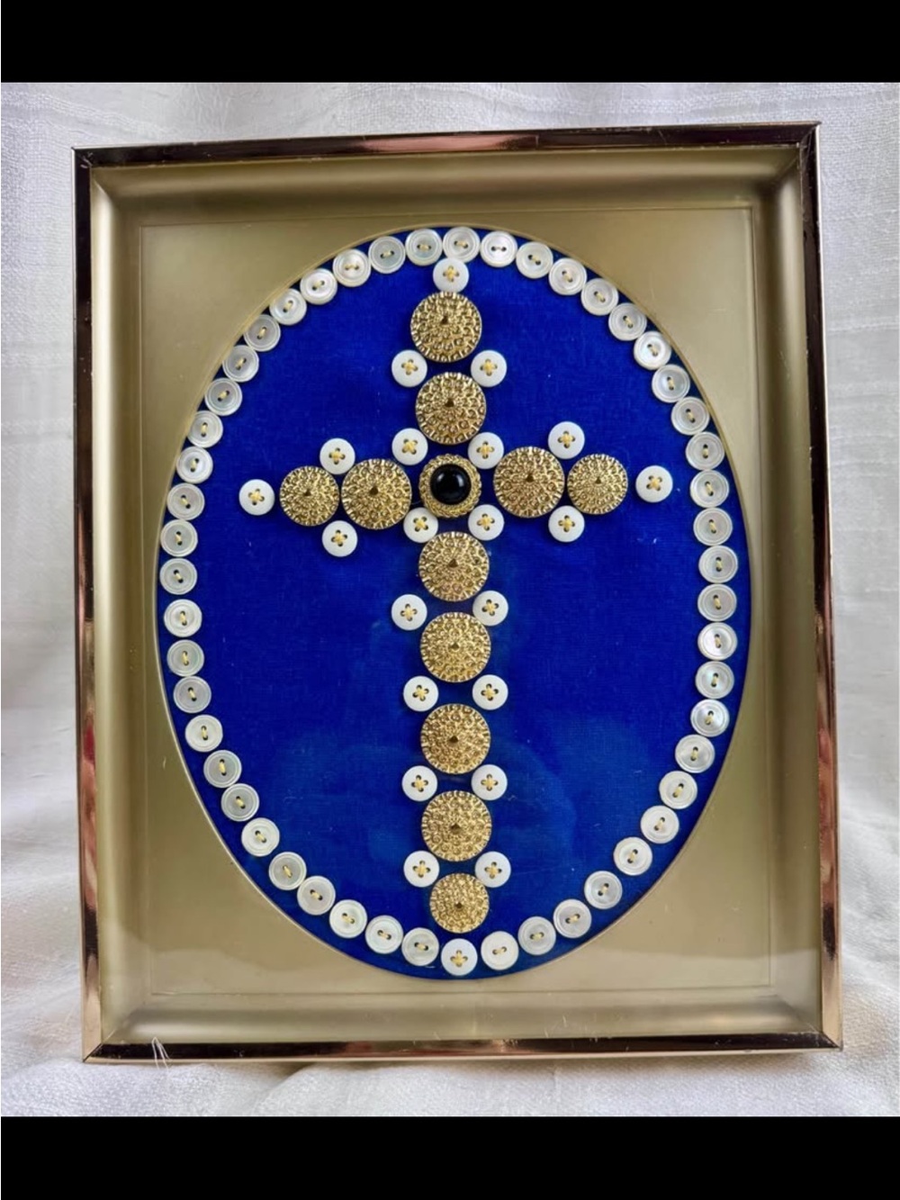 Vintage Buttons Mosaic Blue Velvet Cross Made of Gold and White Buttons